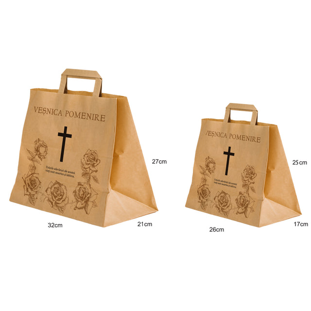 Pungă hârtie kraft NATUR pentru parastas, pomană, înmormântare „Trandafirii Aurii” Veşnică Pomenire – mânere plate – 32 x 27(H) x 21 cm