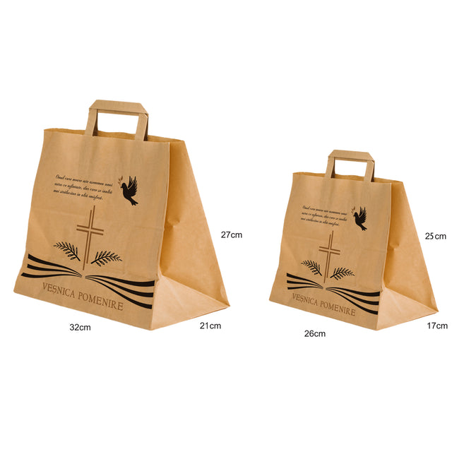 Pungă hârtie kraft NATUR pentru parastas, pomană, înmormântare „Porumbel Ceresc” Veşnică Pomenire – mânere plate – 32 x 27(H) x 21 cm