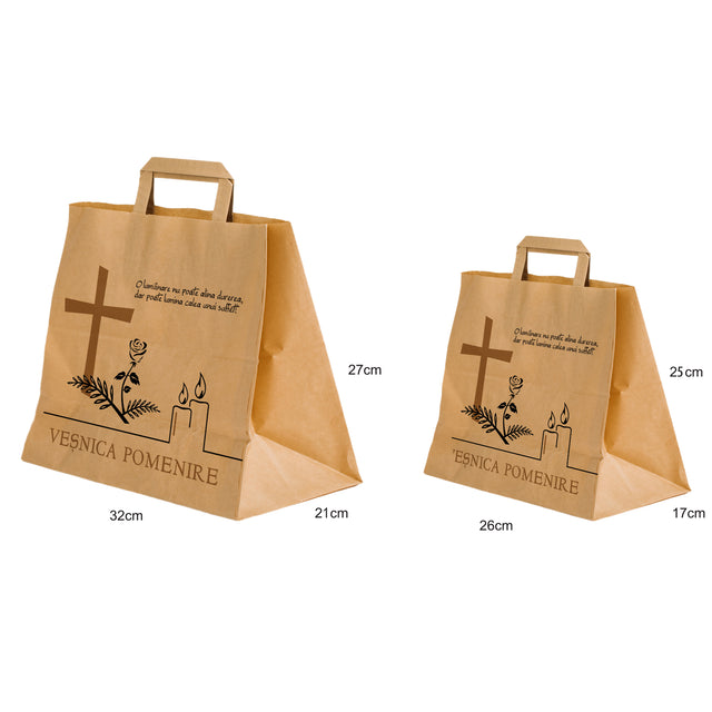 Pungă hârtie kraft NATUR pentru parastas, pomană, înmormântare „Lumânare şi Trandafir” Veşnică Pomenire – mânere plate – 32 x 27(H) x 21 cm