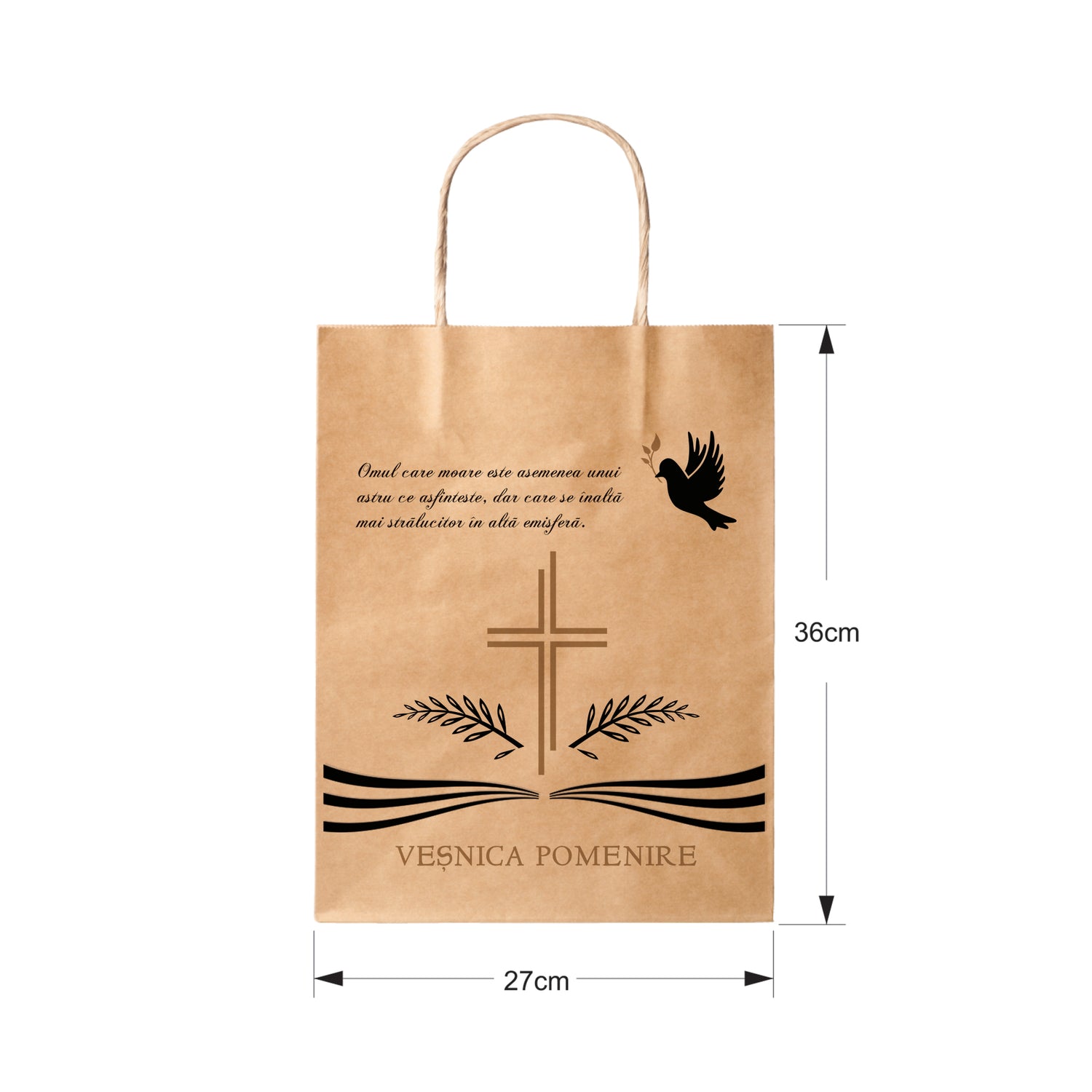 Pungă hârtie kraft NATUR pentru parastase, comemorări, înmormântări Veșnica Pomenire, mânere răsucite - Model 3 27 x 36(H) x 11cm