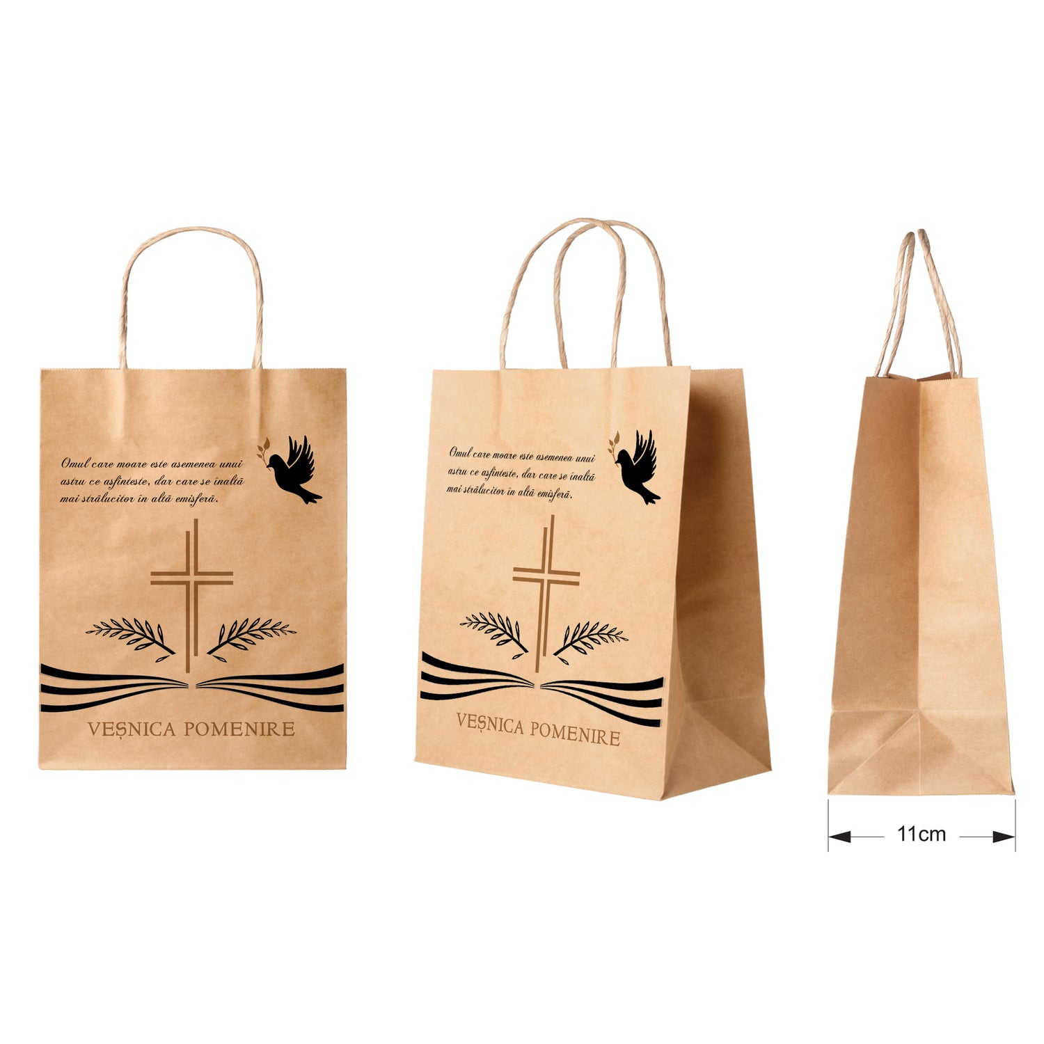 Pungă hârtie kraft NATUR pentru parastase, comemorări, înmormântări Veșnica Pomenire, mânere răsucite - Model 3 27 x 36(H) x 11cm