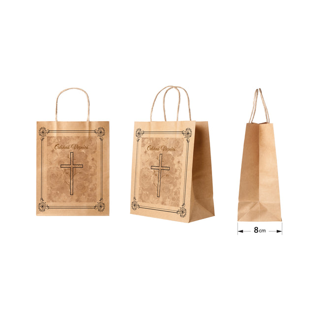 Pungă hârtie kraft NATUR pentru parastas, pomană, înmormântare „Grădina Cerului” Odihnă Veşnică – mânere răsucite – 18 x 22(H) x 8 cm