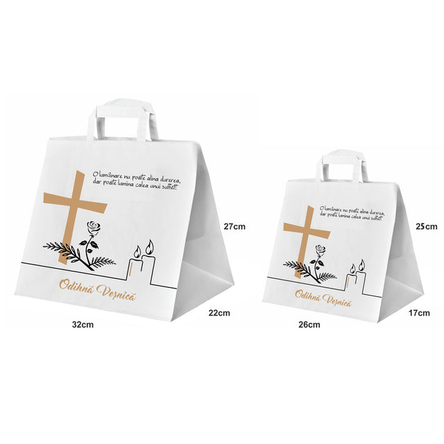 Pungă hârtie kraft ALB pentru parastas, pomană, înmormântare „Lumânare şi Trandafir” Odihnă Veşnică – mânere plate – 32 x 27(H) x 21 cm