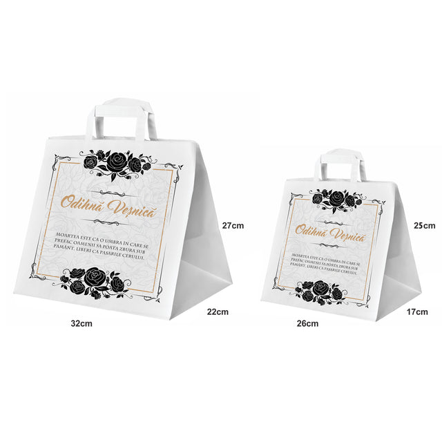 Pungă hârtie kraft ALB pentru parastas, pomană, înmormântare „Trandafiri Negri” Odihnă Veşnică – mânere plate – 32 x 27(H) x 21 cm