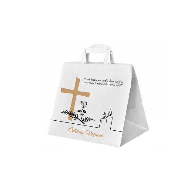 Pungă hârtie kraft ALB pentru parastas, pomană, înmormântare „Lumânare şi Trandafir” Odihnă Veşnică – mânere plate – 26 x 25(H) x 17 cm