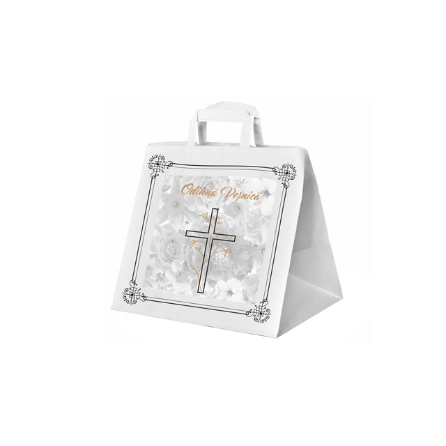 Pungă hârtie kraft ALB pentru parastas, pomană, înmormântare „Grădina Cerului” Odihnă Veşnică – mânere plate – 26 x 25(H) x 17 cm
