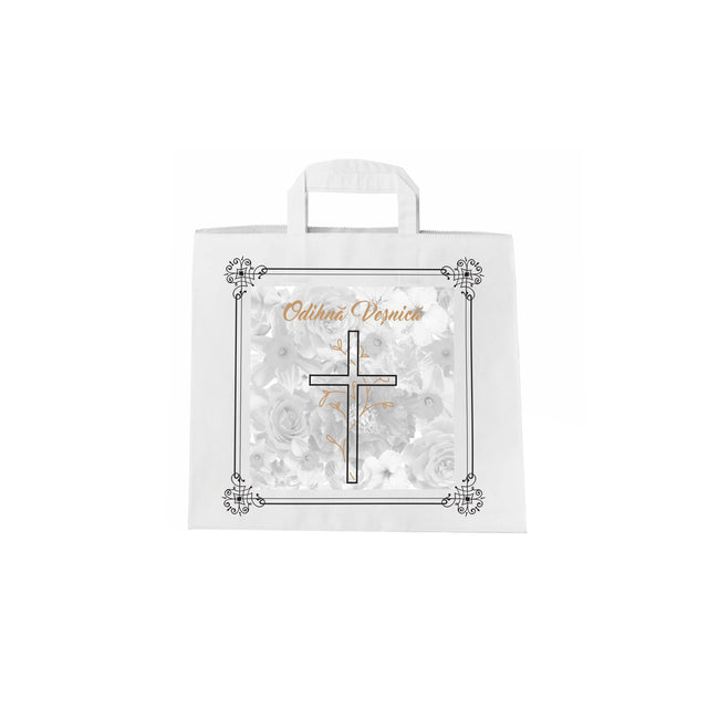 Pungă hârtie kraft ALB pentru parastas, pomană, înmormântare „Grădina Cerului” Odihnă Veşnică – mânere plate – 26 x 25(H) x 17 cm