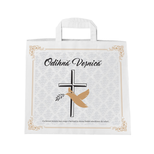 Pungă hârtie kraft ALB pentru parastas, pomană, înmormântare „Porumbel Auriu” Odihnă Veşnică – mânere plate – 32 x 27(H) x 21 cm
