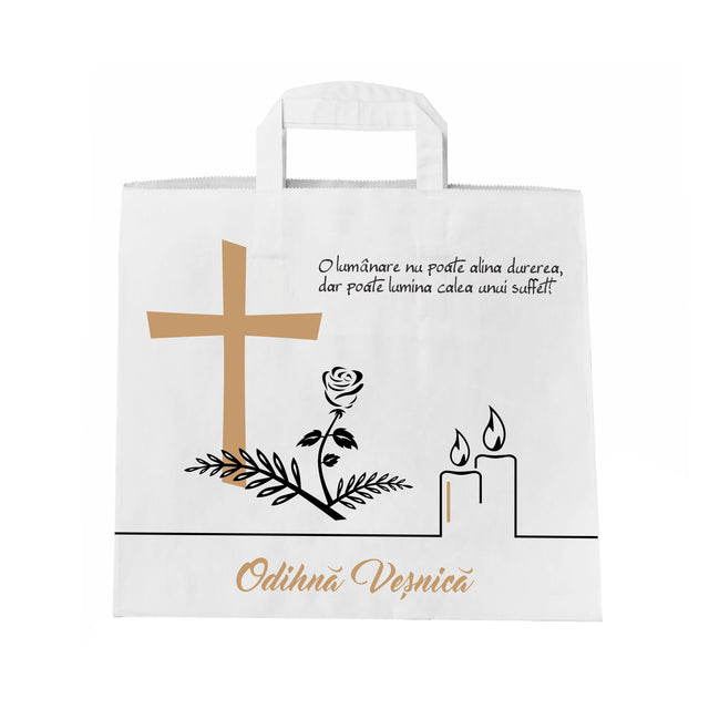 Pungă hârtie kraft ALB pentru parastas, pomană, înmormântare „Lumânare şi Trandafir” Odihnă Veşnică – mânere plate – 32 x 27(H) x 21 cm