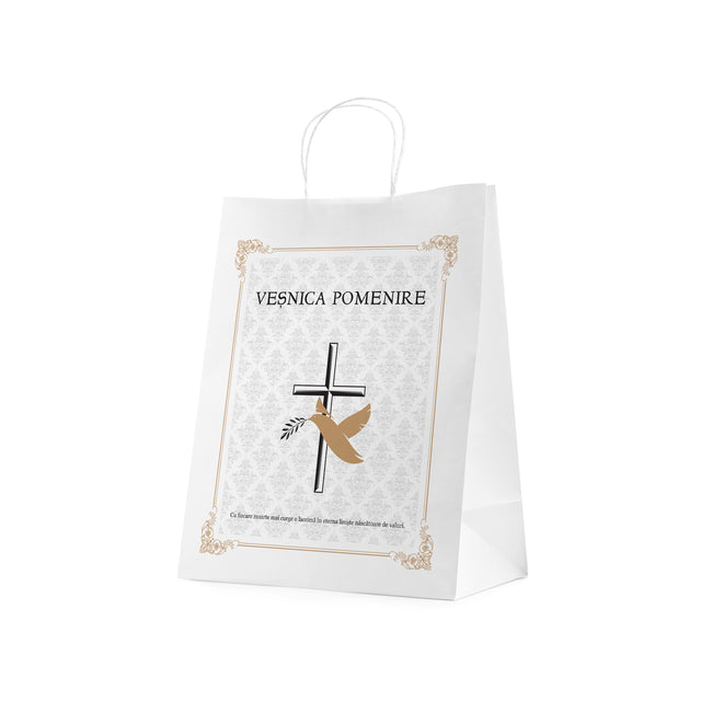 Pungă hârtie kraft ALB pentru parastas, pomană, înmormântare „Porumbel Auriu” Veşnică Pomenire – mânere răsucite – 26 x 35(H) x 12 cm