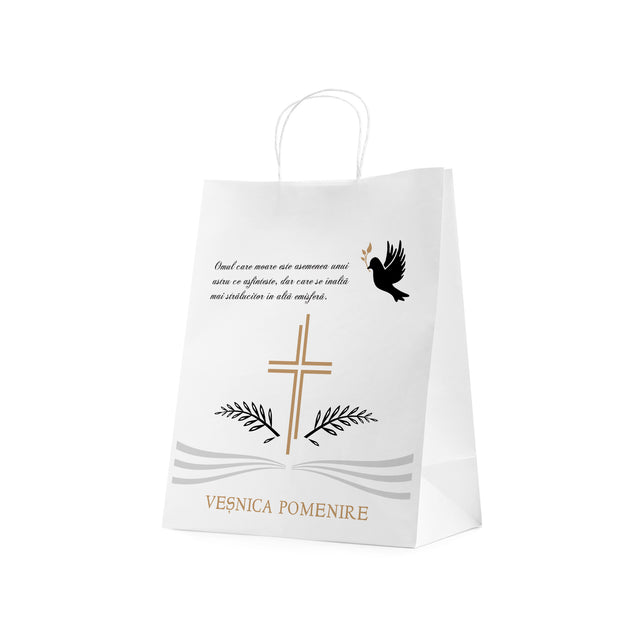 Pungă hârtie kraft ALB pentru parastas, pomană, înmormântare „Porumbel Ceresc” Veşnică Pomenire – mânere răsucite – 26 x 35(H) x 12 cm