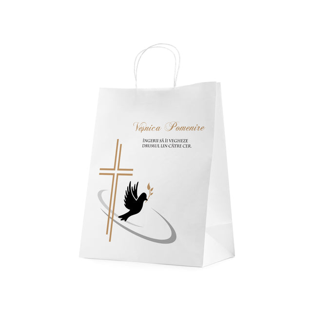 Pungă hârtie kraft ALB pentru parastas, pomană, înmormântare „Drumul Spre Cer” Veşnică Pomenire – mânere răsucite – 26 x 35(H) x 12 cm