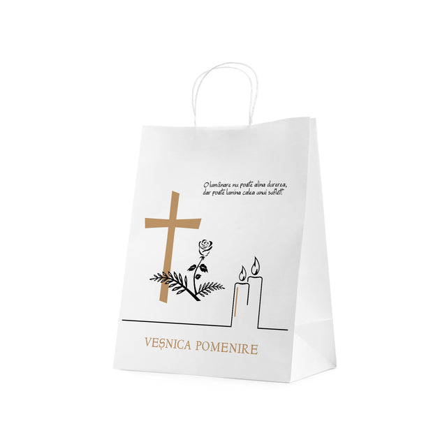 Pungă hârtie kraft ALB pentru parastas, pomană, înmormântare „Lumânare şi Trandafir” Veşnică Pomenire – mânere răsucite – 26 x 35(H) x 12 cm