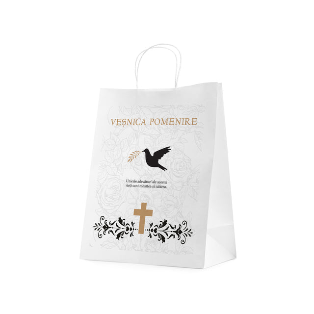 Pungă hârtie kraft ALB pentru parastas, pomană, înmormântare „Porumbel cu Trandafiri” Veşnică Pomenire – mânere răsucite – 26 x 35(H) x 12 cm