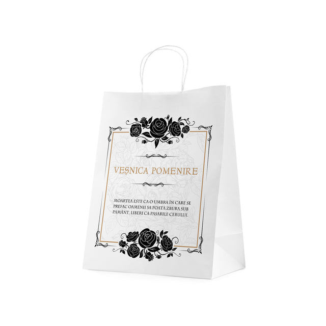 Pungă hârtie kraft ALB pentru parastas, pomană, înmormântare „Trandafiri Negri” Veşnică Pomenire – mânere răsucite – 26 x 35(H) x 12 cm