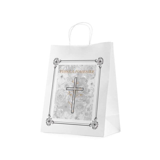 Pungă hârtie kraft ALB pentru parastas, pomană, înmormântare „Grădina Cerului” Veşnică Pomenire – mânere răsucite – 26 x 35(H) x 12 cm