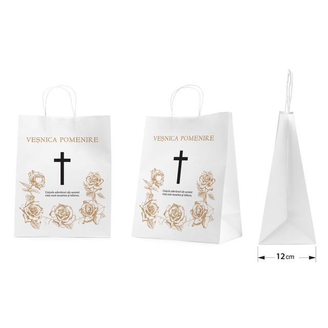 Pungă hârtie kraft ALB pentru parastas, pomană, înmormântare „Trandafirii Aurii” Veşnică Pomenire – mânere răsucite – 26 x 35(H) x 12 cm