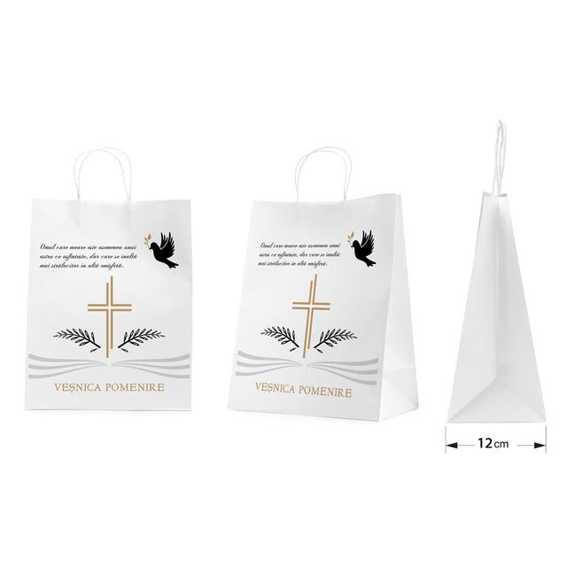 Pungă hârtie kraft ALB pentru parastas, pomană, înmormântare „Porumbel Ceresc” Veşnică Pomenire – mânere răsucite – 26 x 35(H) x 12 cm