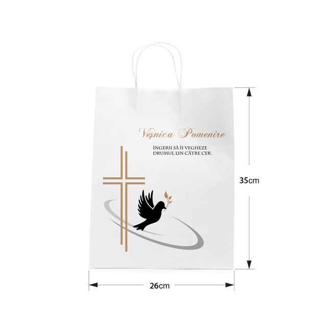 Pungă hârtie kraft ALB pentru parastas, pomană, înmormântare „Drumul Spre Cer” Veşnică Pomenire – mânere răsucite – 26 x 35(H) x 12 cm