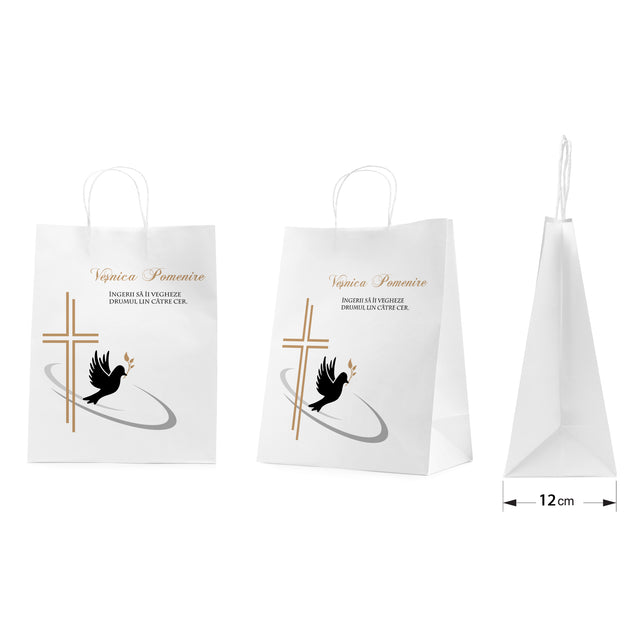 Pungă hârtie kraft ALB pentru parastas, pomană, înmormântare „Drumul Spre Cer” Veşnică Pomenire – mânere răsucite – 26 x 35(H) x 12 cm