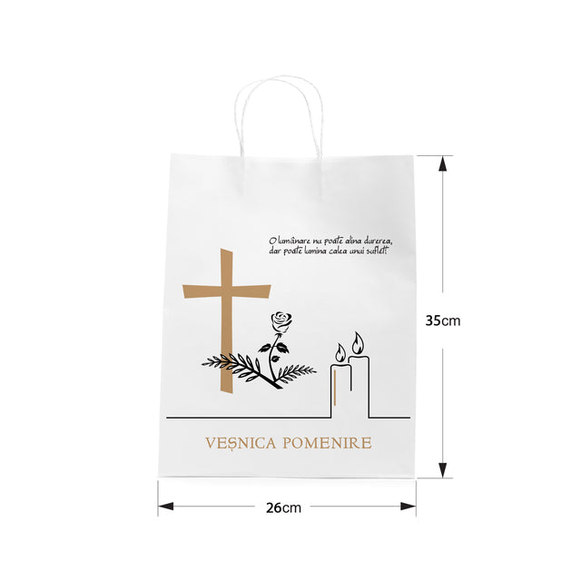Pungă hârtie kraft ALB pentru parastas, pomană, înmormântare „Lumânare şi Trandafir” Veşnică Pomenire – mânere răsucite – 26 x 35(H) x 12 cm
