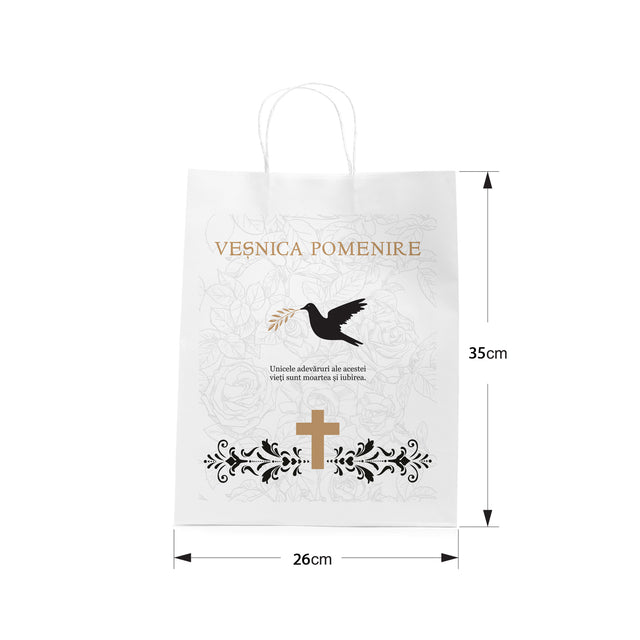 Pungă hârtie kraft ALB pentru parastas, pomană, înmormântare „Porumbel cu Trandafiri” Veşnică Pomenire – mânere răsucite – 26 x 35(H) x 12 cm