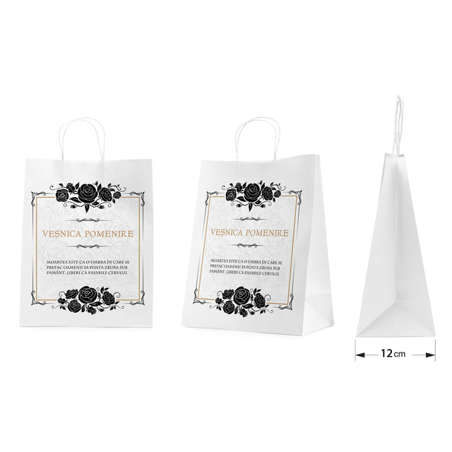 Pungă hârtie kraft ALB pentru parastas, pomană, înmormântare „Trandafiri Negri” Veşnică Pomenire – mânere răsucite – 26 x 35(H) x 12 cm