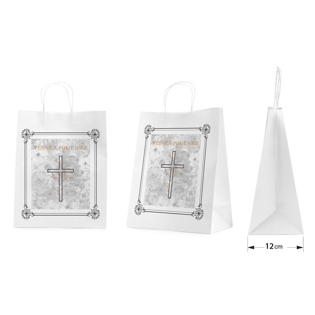 Pungă hârtie kraft ALB pentru parastas, pomană, înmormântare „Grădina Cerului” Veşnică Pomenire – mânere răsucite – 26 x 35(H) x 12 cm