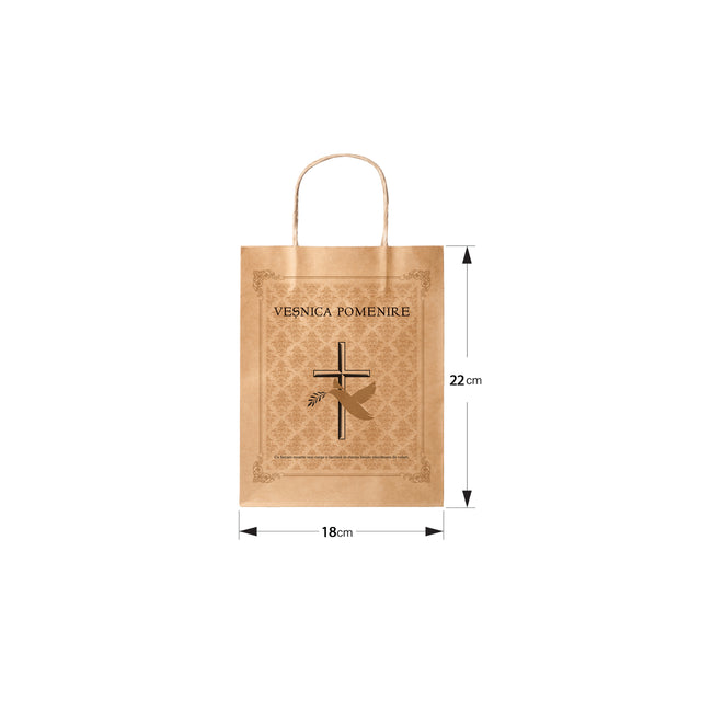 Pungă hârtie kraft NATUR pentru parastas, pomană, înmormântare „Porumbel Auriu” Veşnică Pomenire – mânere răsucite – 18 x 22(H) x 8 cm