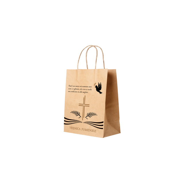 Pungă hârtie kraft NATUR pentru parastas, pomană, înmormântare „Porumbel Ceresc” Veşnică Pomenire – mânere răsucite – 18 x 22(H) x 8 cm