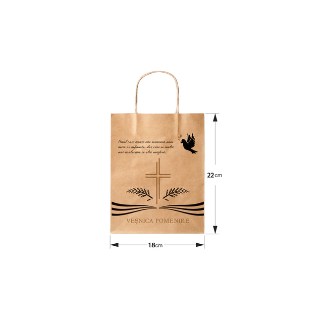Pungă hârtie kraft NATUR pentru parastas, pomană, înmormântare „Porumbel Ceresc” Veşnică Pomenire – mânere răsucite – 18 x 22(H) x 8 cm