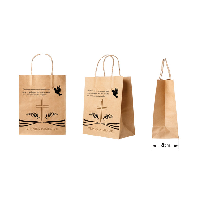 Pungă hârtie kraft NATUR pentru parastas, pomană, înmormântare „Porumbel Ceresc” Veşnică Pomenire – mânere răsucite – 18 x 22(H) x 8 cm