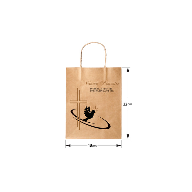 Pungă hârtie kraft NATUR pentru parastas, pomană, înmormântare „Drumul Spre Cer” Veşnică Pomenire – mânere răsucite – 18 x 22(H) x 8 cm