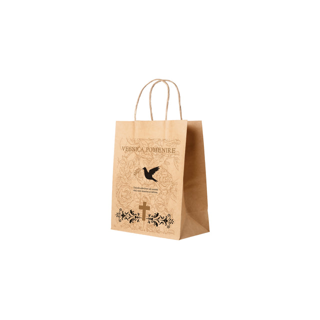 Pungă hârtie kraft NATUR pentru parastas, pomană, înmormântare „Porumbel cu Trandafiri” Veşnică Pomenire – mânere răsucite – 18 x 22(H) x 8 cm