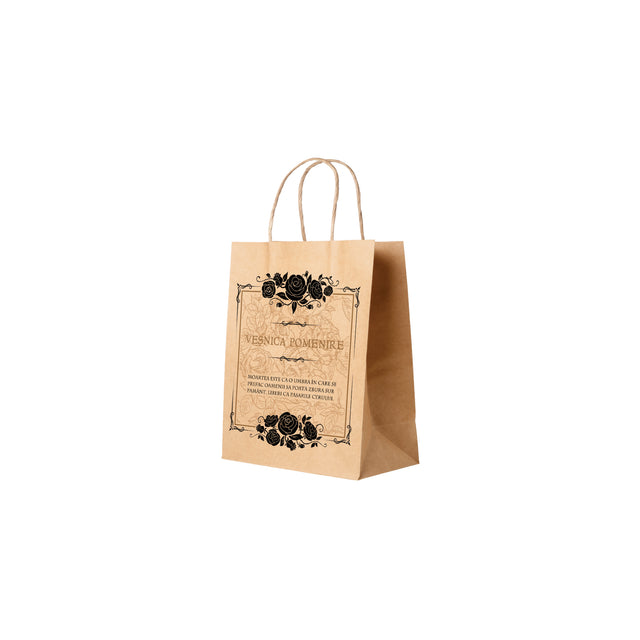 Pungă hârtie kraft NATUR pentru parastas, pomană, înmormântare „Trandafiri Negri” Veşnică Pomenire – mânere răsucite – 18 x 22(H) x 8 cm