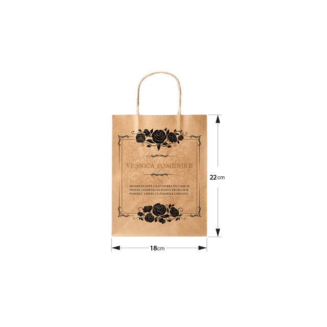 Pungă hârtie kraft NATUR pentru parastas, pomană, înmormântare „Trandafiri Negri” Veşnică Pomenire – mânere răsucite – 18 x 22(H) x 8 cm