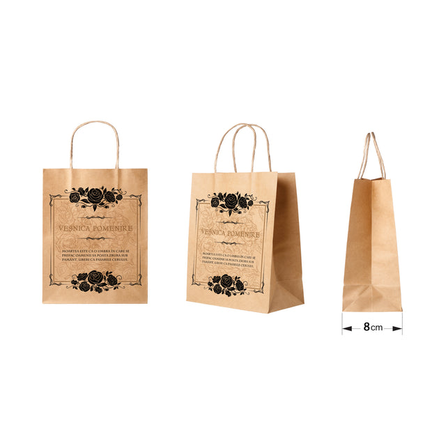 Pungă hârtie kraft NATUR pentru parastas, pomană, înmormântare „Trandafiri Negri” Veşnică Pomenire – mânere răsucite – 18 x 22(H) x 8 cm
