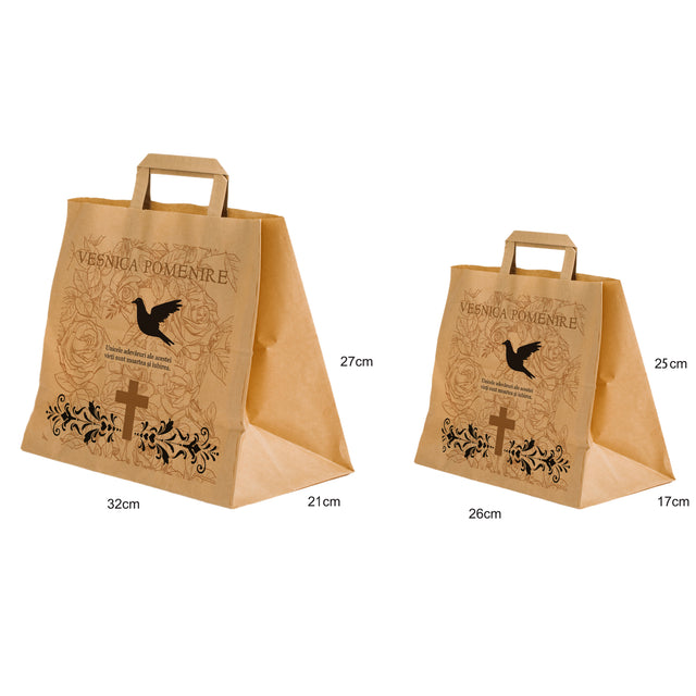 Pungă hârtie kraft NATUR pentru parastas, pomană, înmormântare „Porumbel cu Trandafiri” Veşnică Pomenire – mânere plate – 26 x 25(H) x 17 cm