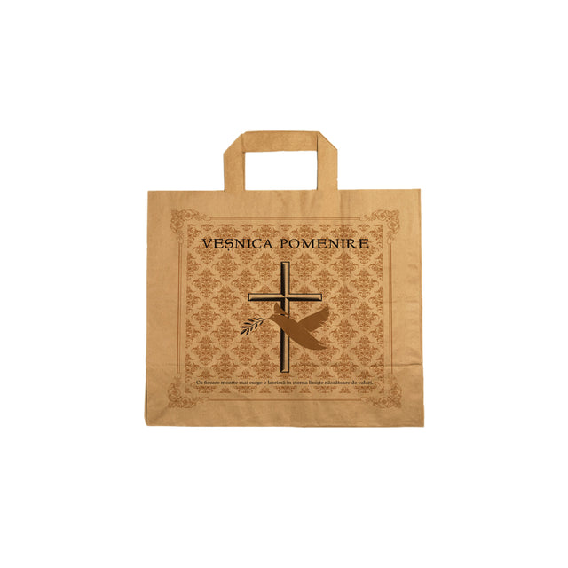Pungă hârtie kraft NATUR pentru parastas, pomană, înmormântare „Porumbel Auriu” Veşnică Pomenire – mânere plate – 26 x 25(H) x 17 cm