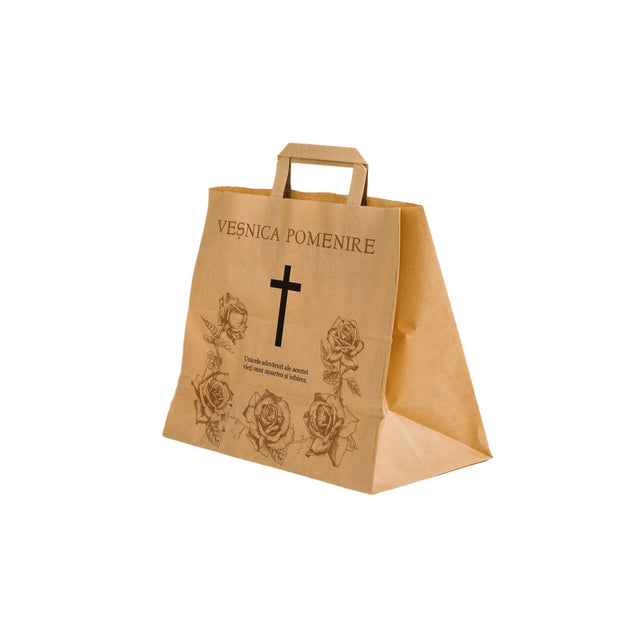 Pungă hârtie kraft NATUR pentru parastas, pomană, înmormântare „Trandafirii Aurii” Veşnică Pomenire – mânere plate – 26 x 25(H) x 17 cm
