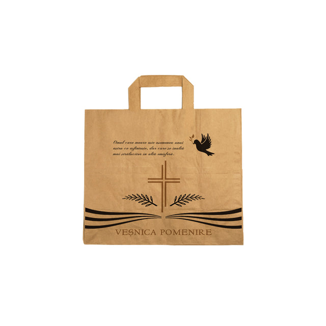 Pungă hârtie kraft NATUR pentru parastas, pomană, înmormântare „Porumbel Ceresc” Veşnică Pomenire – mânere plate – 26 x 25(H) x 17 cm