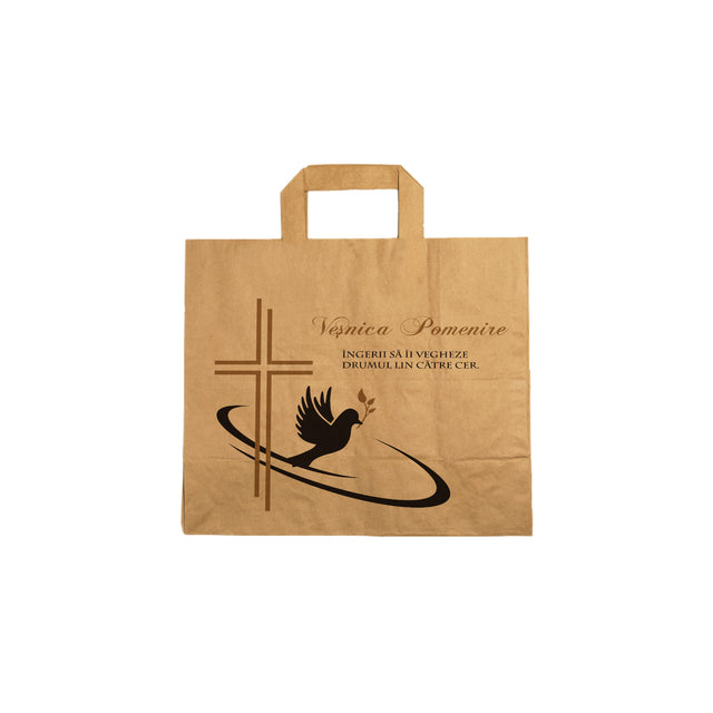 Pungă hârtie kraft NATUR pentru parastas, pomană, înmormântare „Drumul Spre Cer” Veşnică Pomenire – mânere plate – 26 x 25(H) x 17 cm