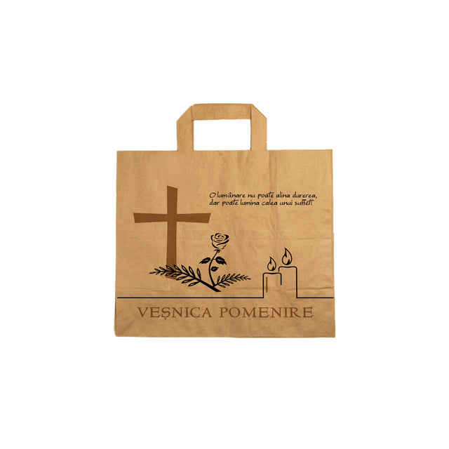 Pungă hârtie kraft NATUR pentru parastas, pomană, înmormântare „Lumânare şi Trandafir” Veşnică Pomenire – mânere plate – 26 x 25(H) x 17 cm
