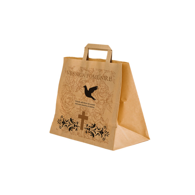 Pungă hârtie kraft NATUR pentru parastas, pomană, înmormântare „Porumbel cu Trandafiri” Veşnică Pomenire – mânere plate – 26 x 25(H) x 17 cm