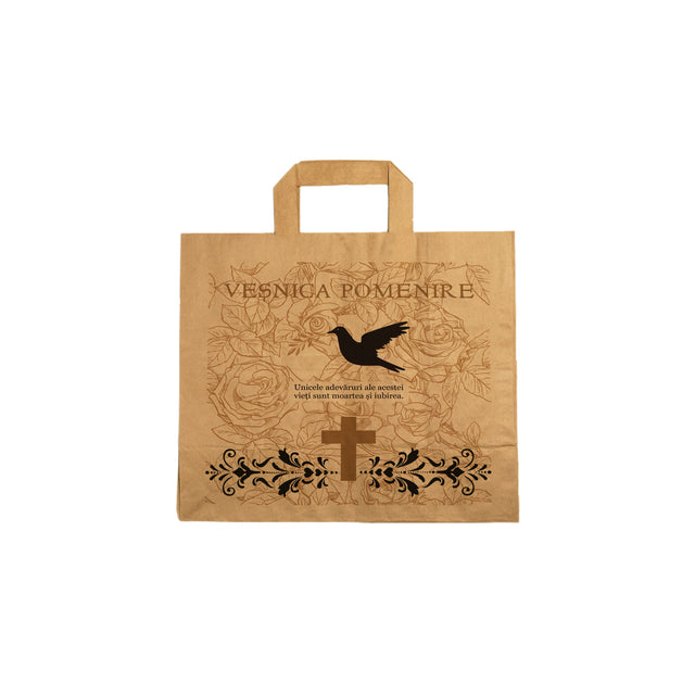 Pungă hârtie kraft NATUR pentru parastas, pomană, înmormântare „Porumbel cu Trandafiri” Veşnică Pomenire – mânere plate – 26 x 25(H) x 17 cm