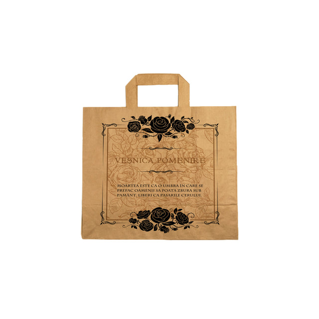 Pungă hârtie kraft NATUR pentru parastas, pomană, înmormântare „Trandafiri Negri” Veşnică Pomenire – mânere plate – 26 x 25(H) x 17 cm
