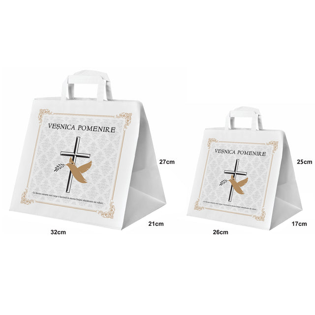Pungă hârtie kraft ALB pentru parastas, pomană, înmormântare „Porumbel Auriu” Veşnică Pomenire – mânere plate – 26 x 25(H) x 17 cm