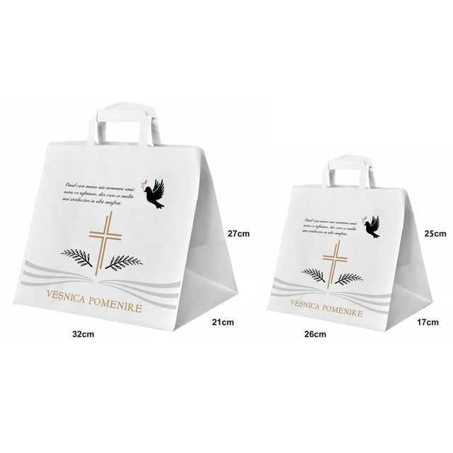 Pungă hârtie kraft ALB pentru parastas, pomană, înmormântare „Porumbel Ceresc” Veşnică Pomenire – mânere plate – 26 x 25(H) x 17 cm