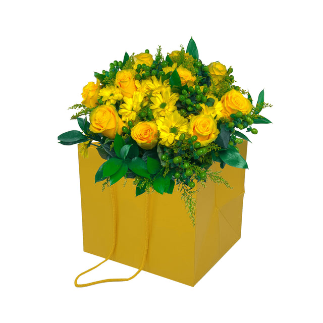 Pungă hârtie GALBENĂ pentru flori cu mânere din șnur textil 23 x 20(H) x 20cm