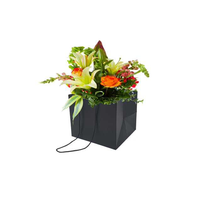 Pungă hârtie NEAGRĂ pentru flori cu mânere din șnur textil 16 x 17(H) x 15cm